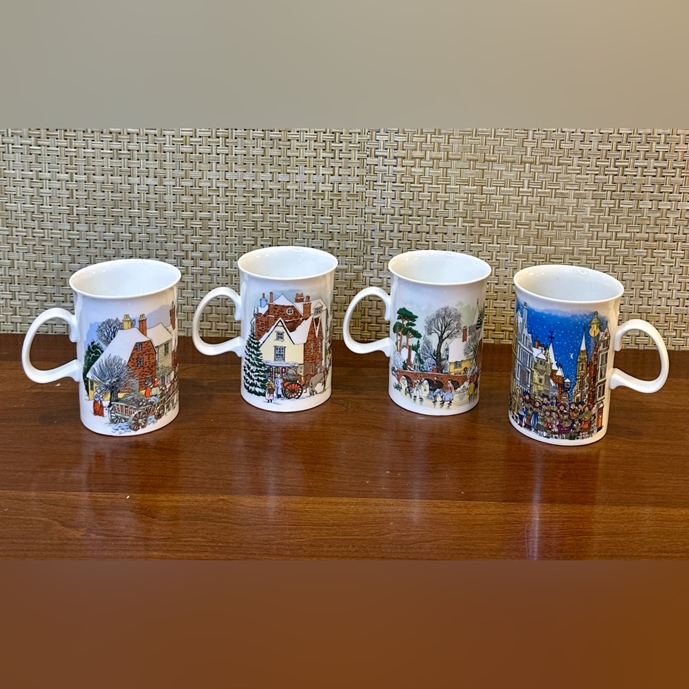 🎄🌟HP🌟VTG 1990s 4 Dunoon Christmas Past Winter Village Mugs Scullard Bone China